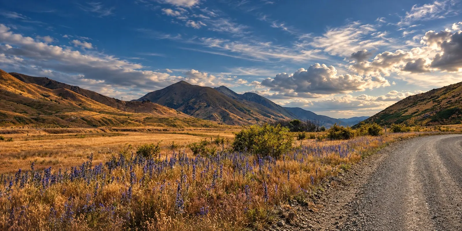 Golden tussock hills and a gravel road in the South Island high country