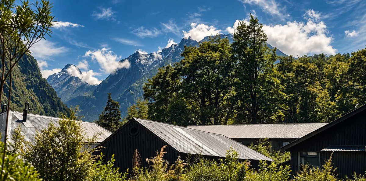 Fiordland peaks with drifting cloud above beech forest and corrugated-iron roofs